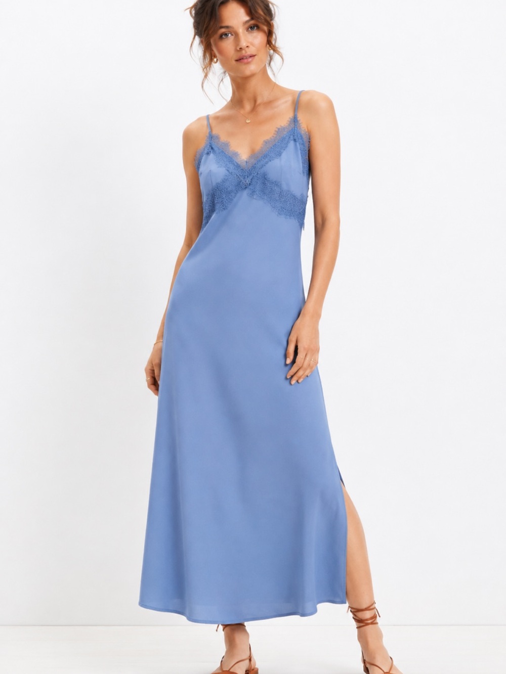LOFT Lace Trim Midi Slip Dress Precious Sapphire Blue NWT - Picture 2 of 9